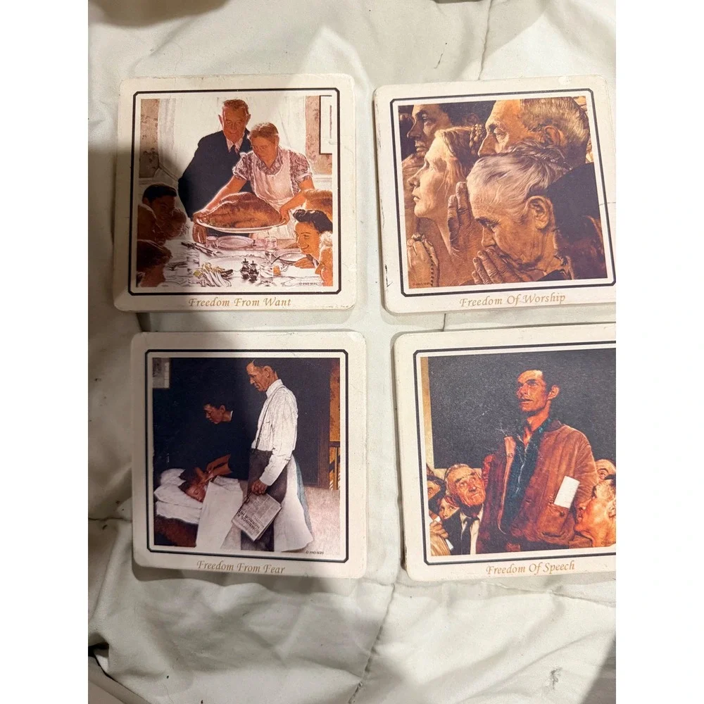 Norman Rockwell Four Freedoms Ceramic Coasters Set 4 Unisex Cream Americana Art